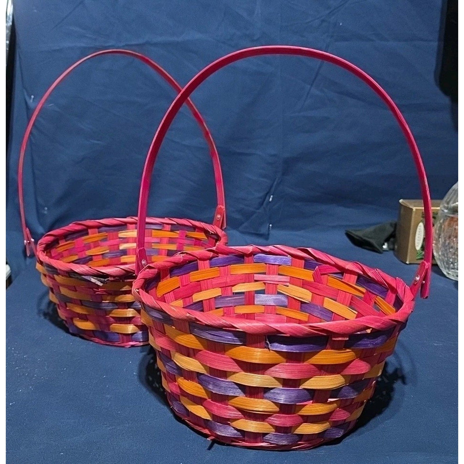 VTG Lot of 2 Mini Woven Easter Basket Pink Pastel Handle Spring Candy Holder