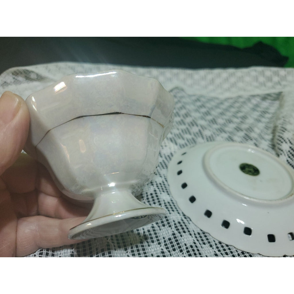 Vintage Wales Black Pink Orchid Pearlized Footed Teacup & Saucer Japan