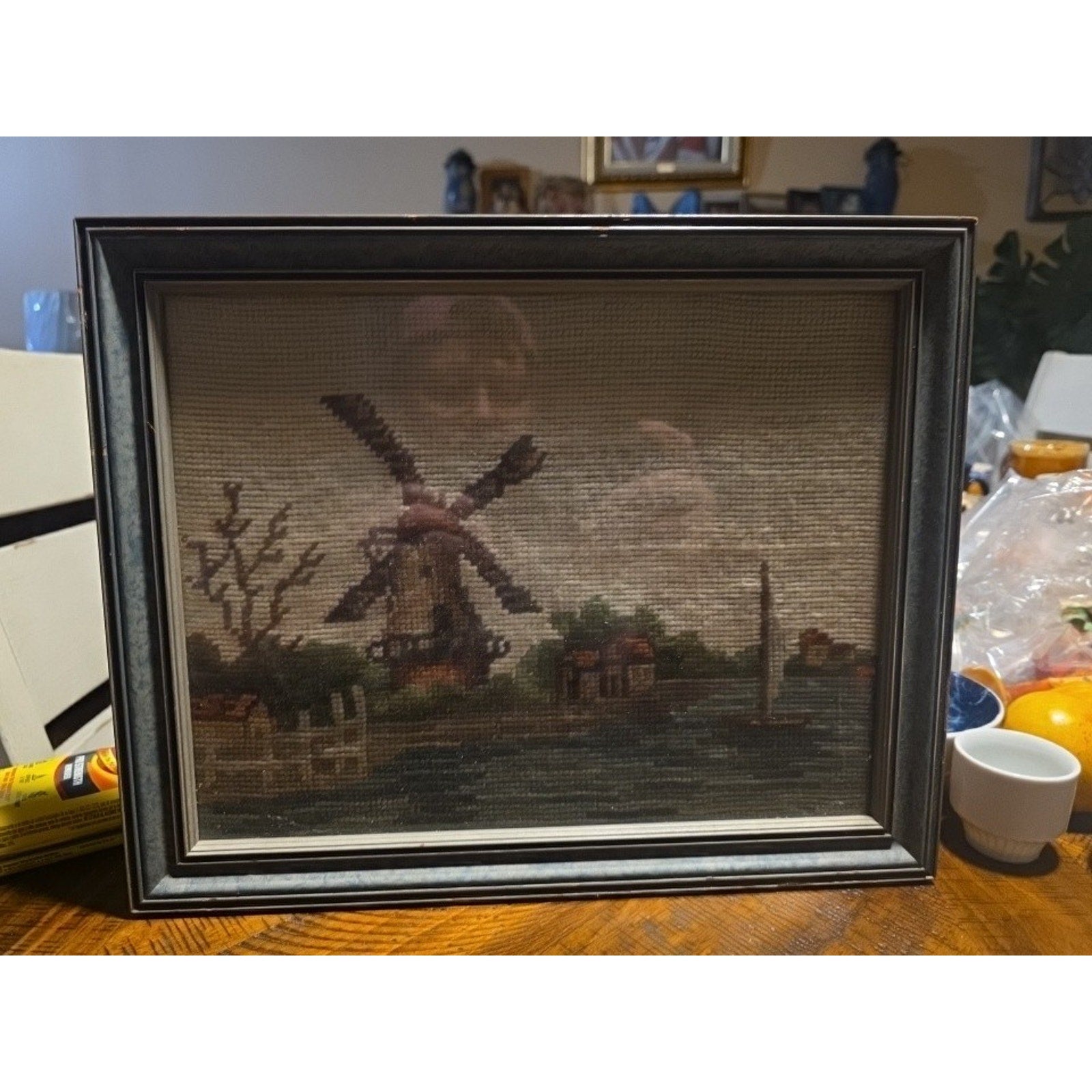 Vintage Needlepoint Framed Art Windmill Scene Dutch