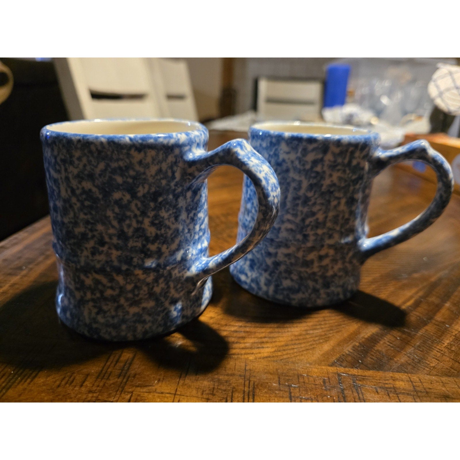 Vintage Pair Blue Spongeware Bamboo Handle Coffee Mug Stoneware Bird Maker Mark