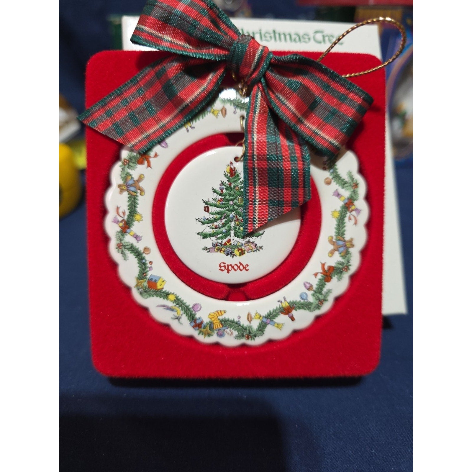 Spode Vintage Round Christmas Tree Porcelain Ornament 2000 Plaid Bow In Box