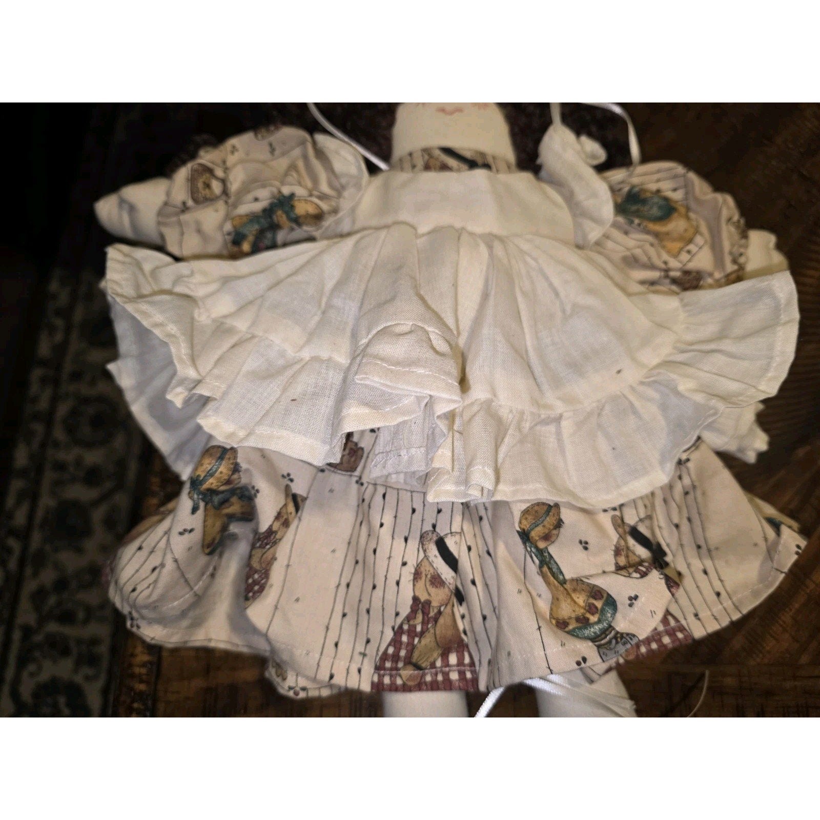 Vintage Handmade 14" Fabric Rag Doll With Long Brown Yarn Hair