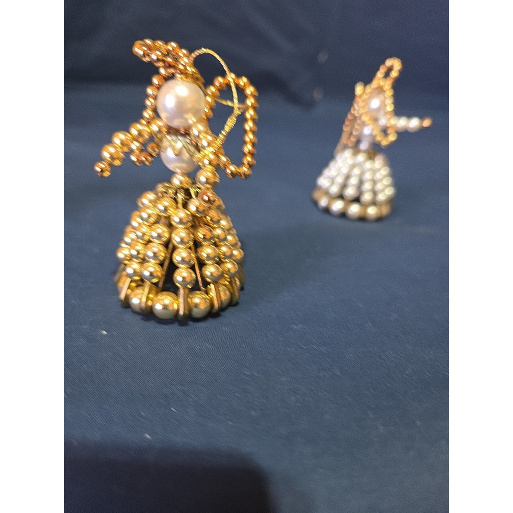 Vtg Set of 3 Beaded Safety Pin Art Angel Ornament Gold Handmade Christmas Decor