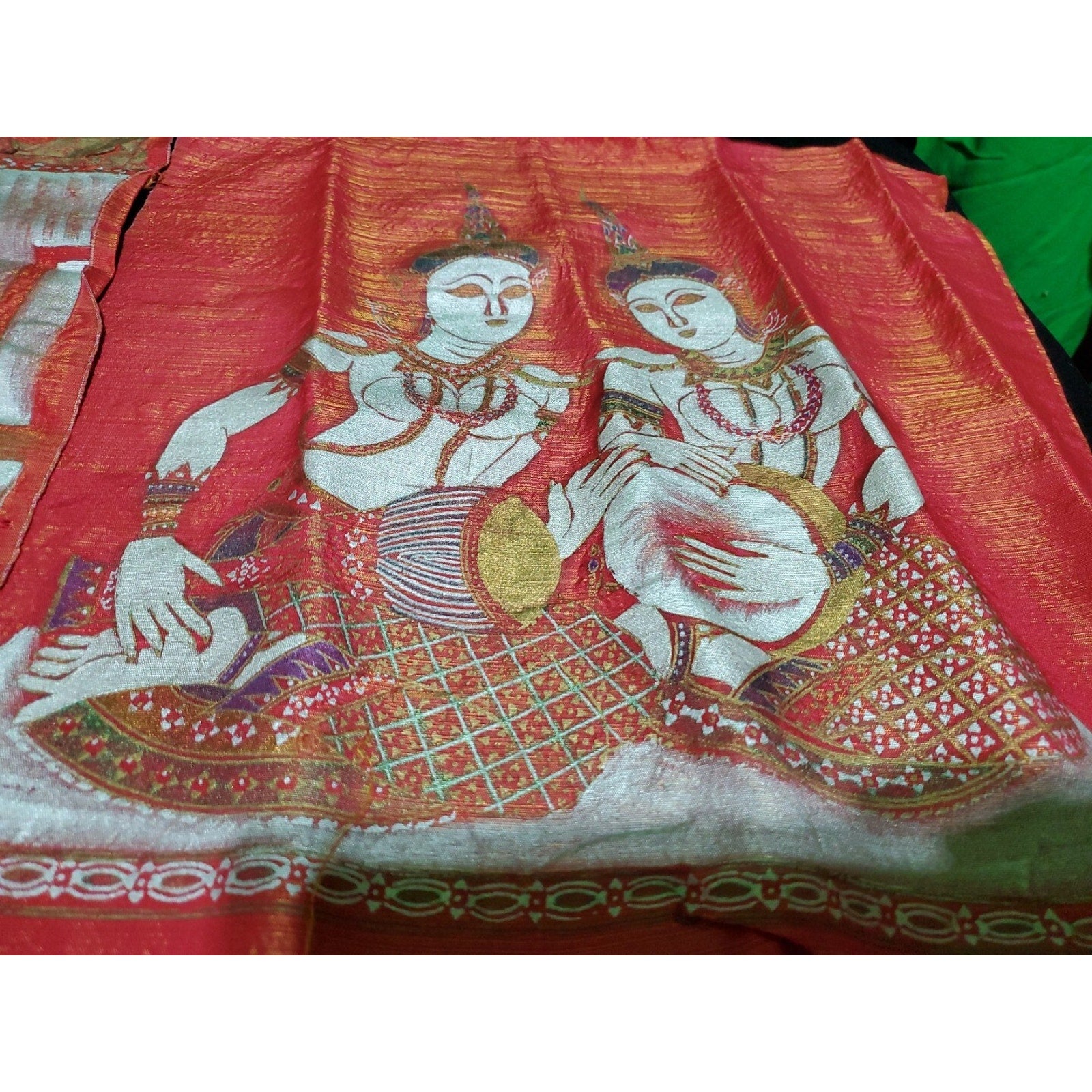 Set Of 2 Vintage Bali Hindu goddesses Ganesh & Saraswati painting on silk
