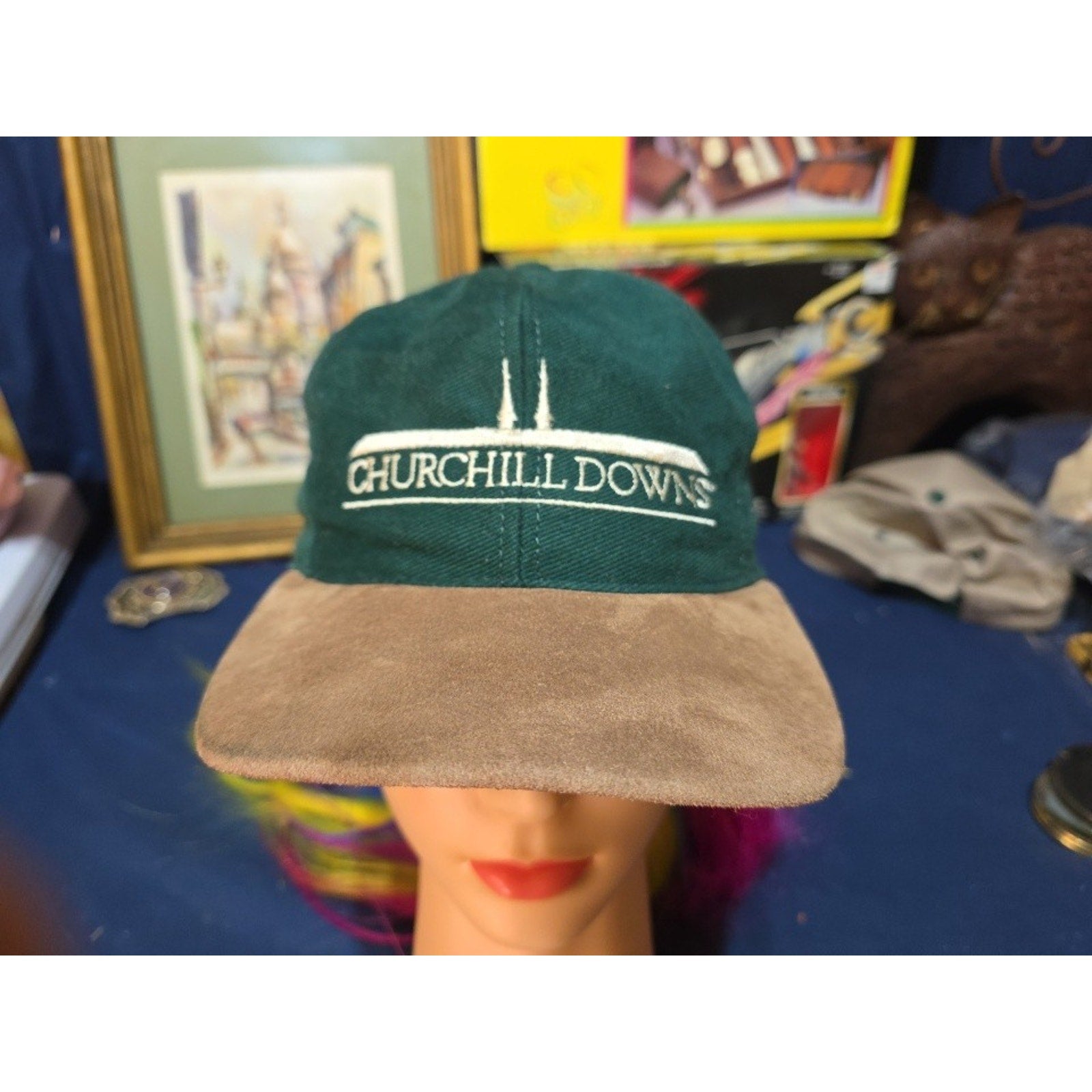 Vtg Churchill Downs Hat Green Suede Brim Snapback Kentucky Derby Horse Racing