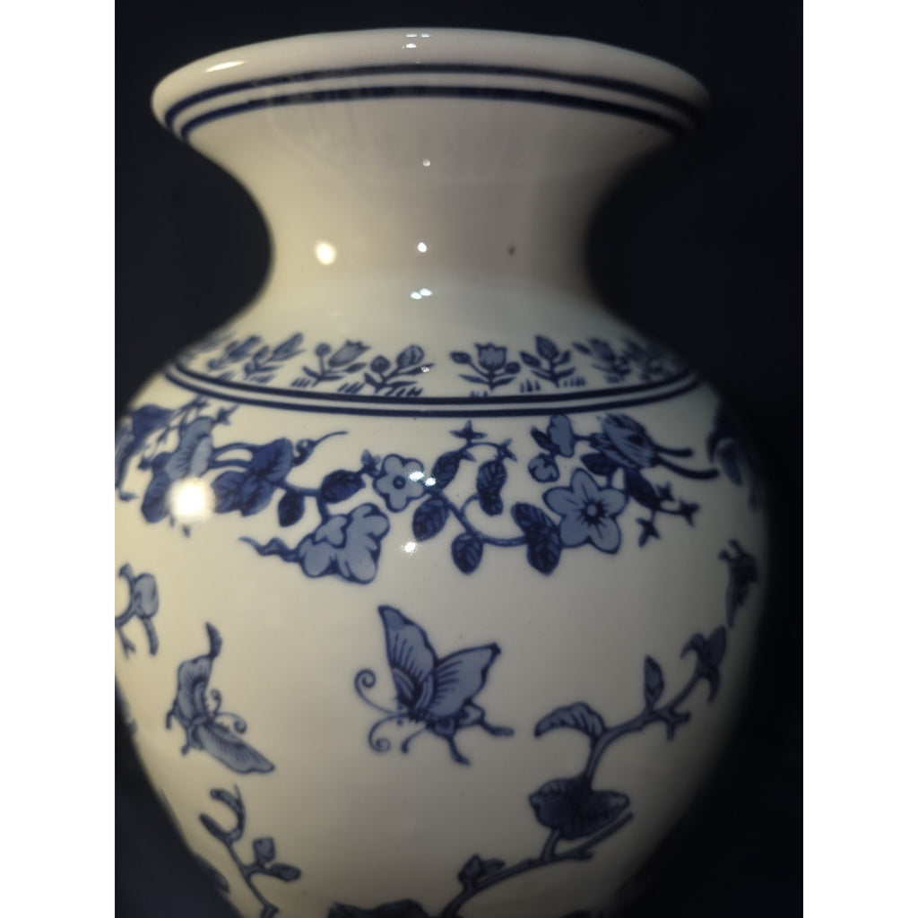 Chinese Blue White Vase Dechang Chinoiserie Porcelain Butterflies Birds 14"