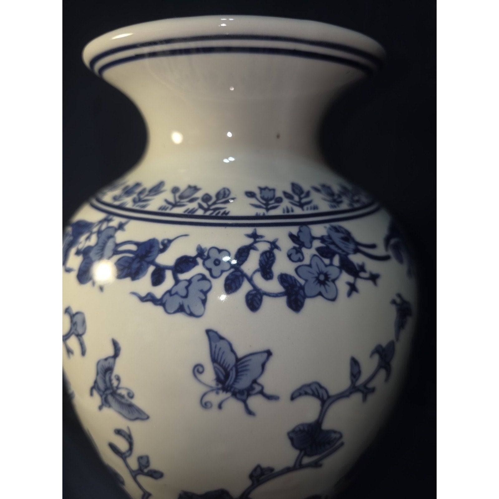 Chinese Blue White Vase Dechang Chinoiserie Porcelain Butterflies Birds 14"