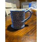 Vintage Pair Blue Spongeware Bamboo Handle Coffee Mug Stoneware Bird Maker Mark