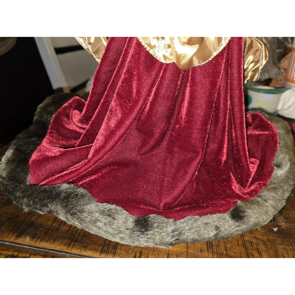 Vintage Christmas Angel Tree Topper 16" Burgundy Velvet Gold Lace Horn Trumpet