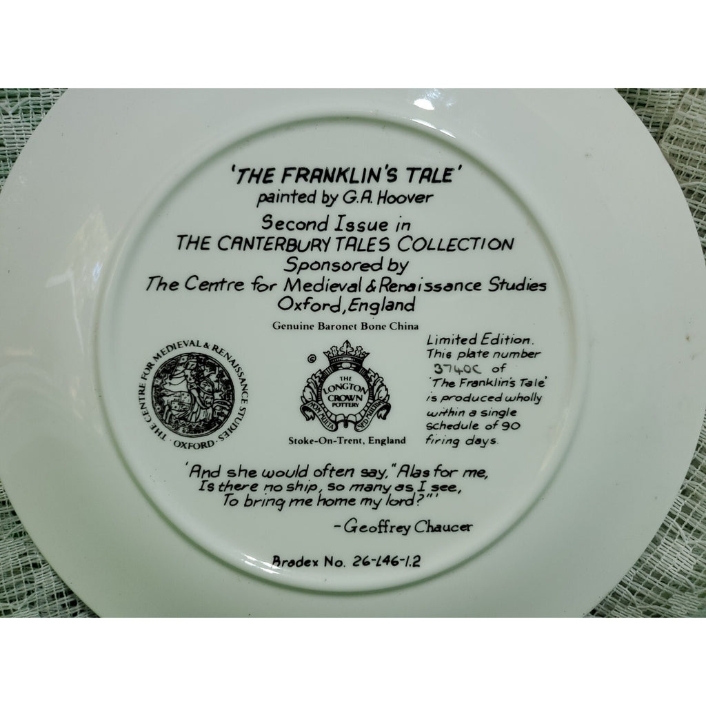 Longton Crown Pottery Collector Plate :The Franklin's Tale -Bone China LE - 8.5"