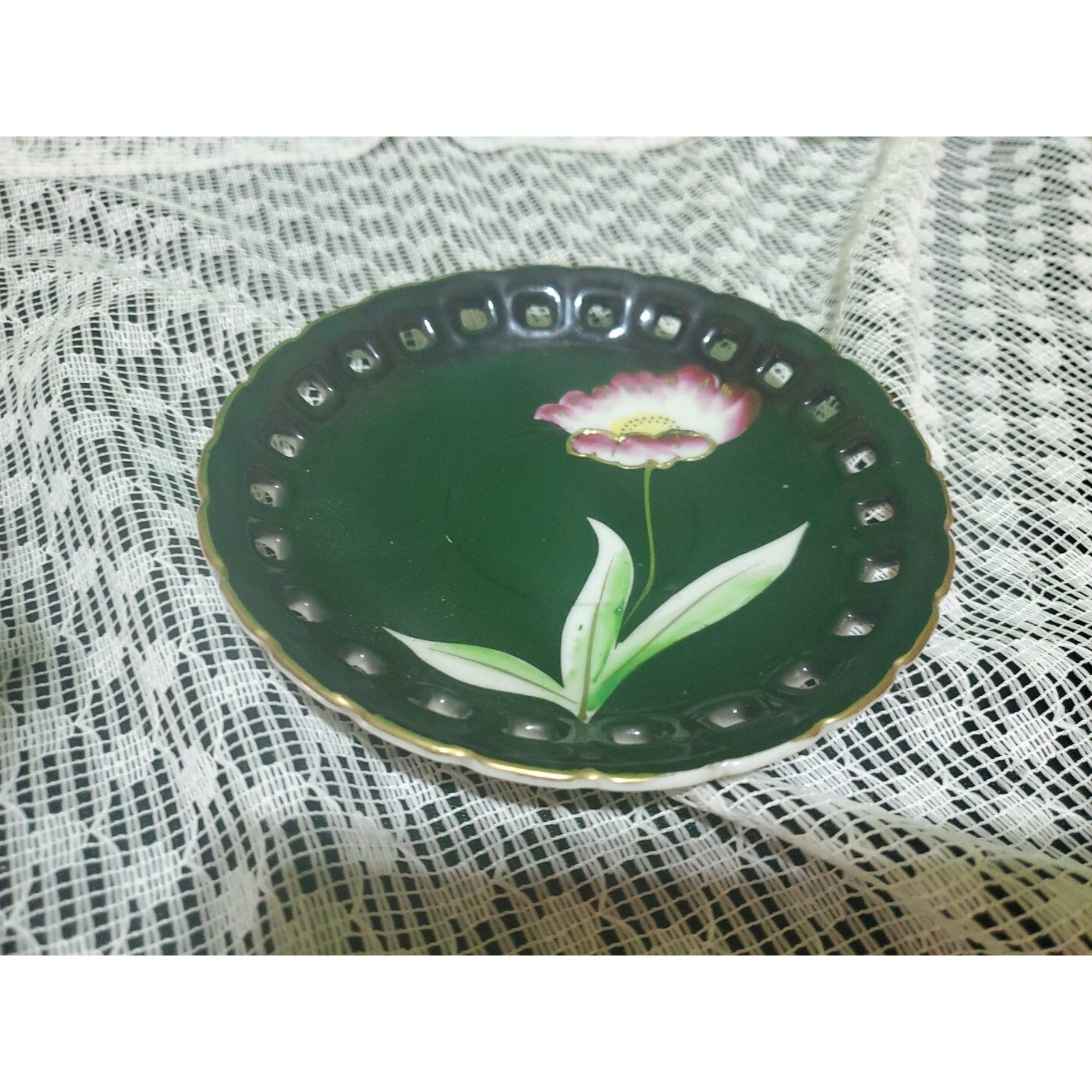 Vintage Wales Black Pink Orchid Pearlized Footed Teacup & Saucer Japan