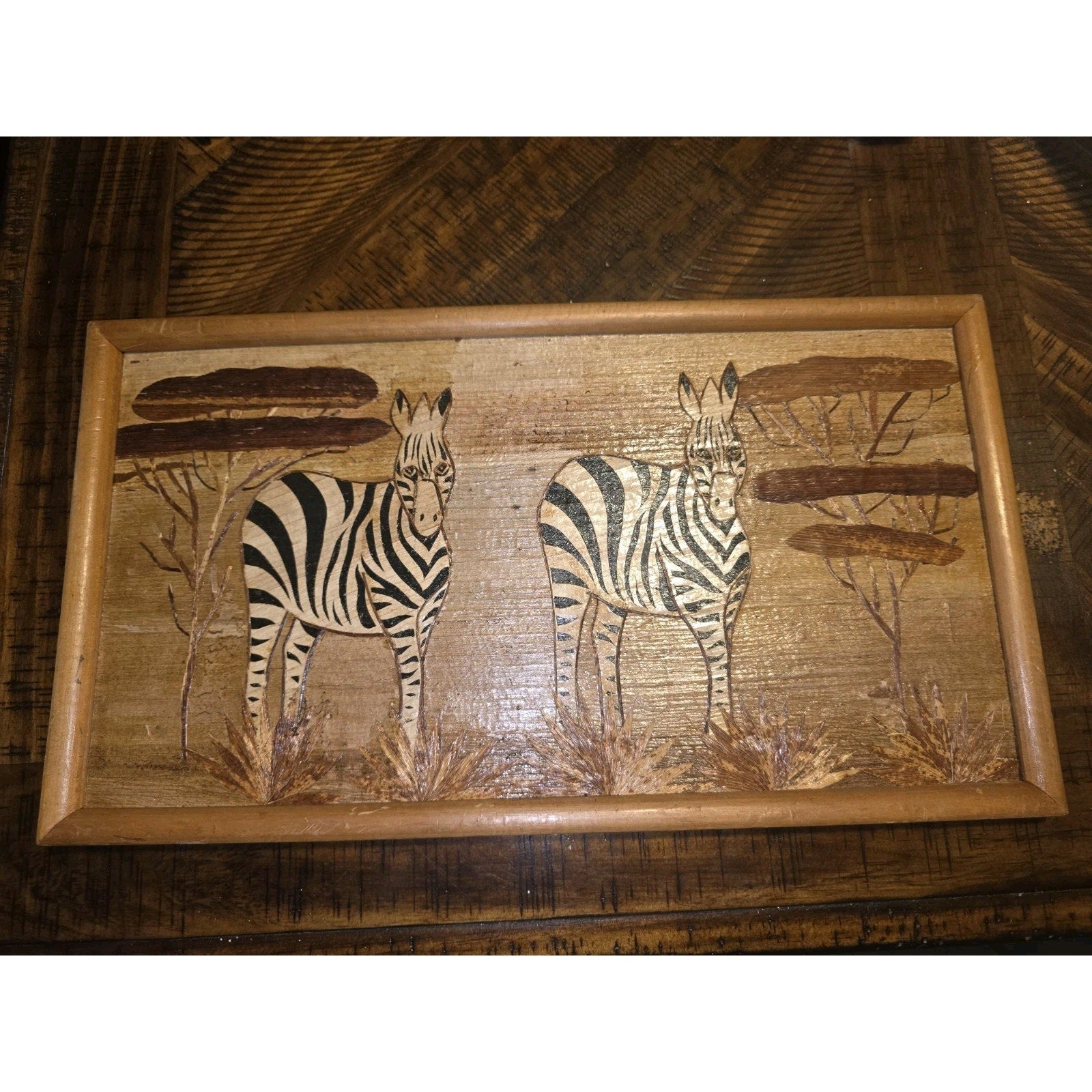Vintage African Banana Leaf Mosaic Art Framed Zebra Folk Art Mid Century Kenya