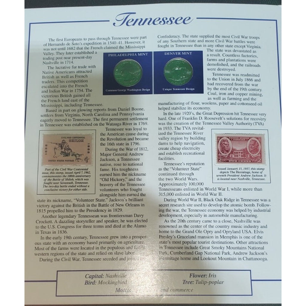 Tennessee Uncirculated Quarters Stamps Collection Card The Volunteer State 1796