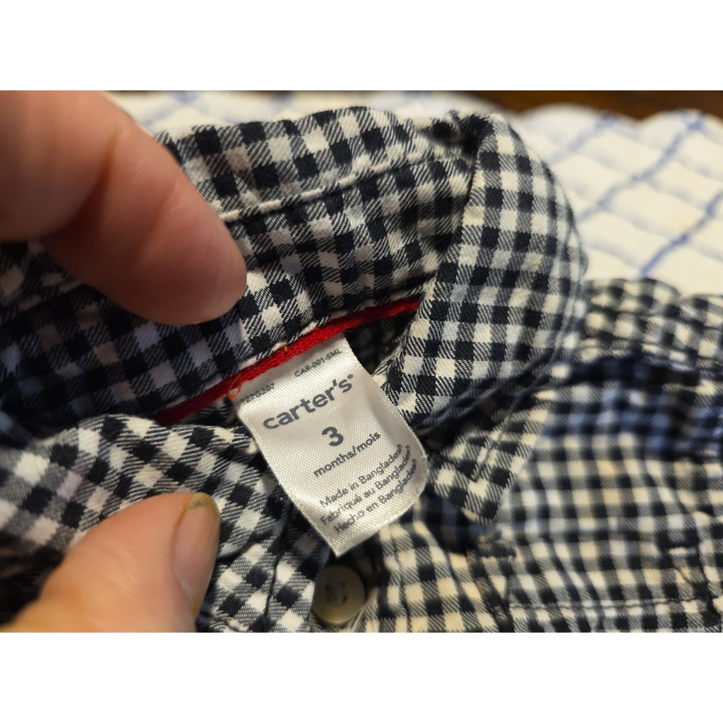 Carters Boys Size 3 Months Black & White CheckPlaid Button Up Long Sleeve Shirt