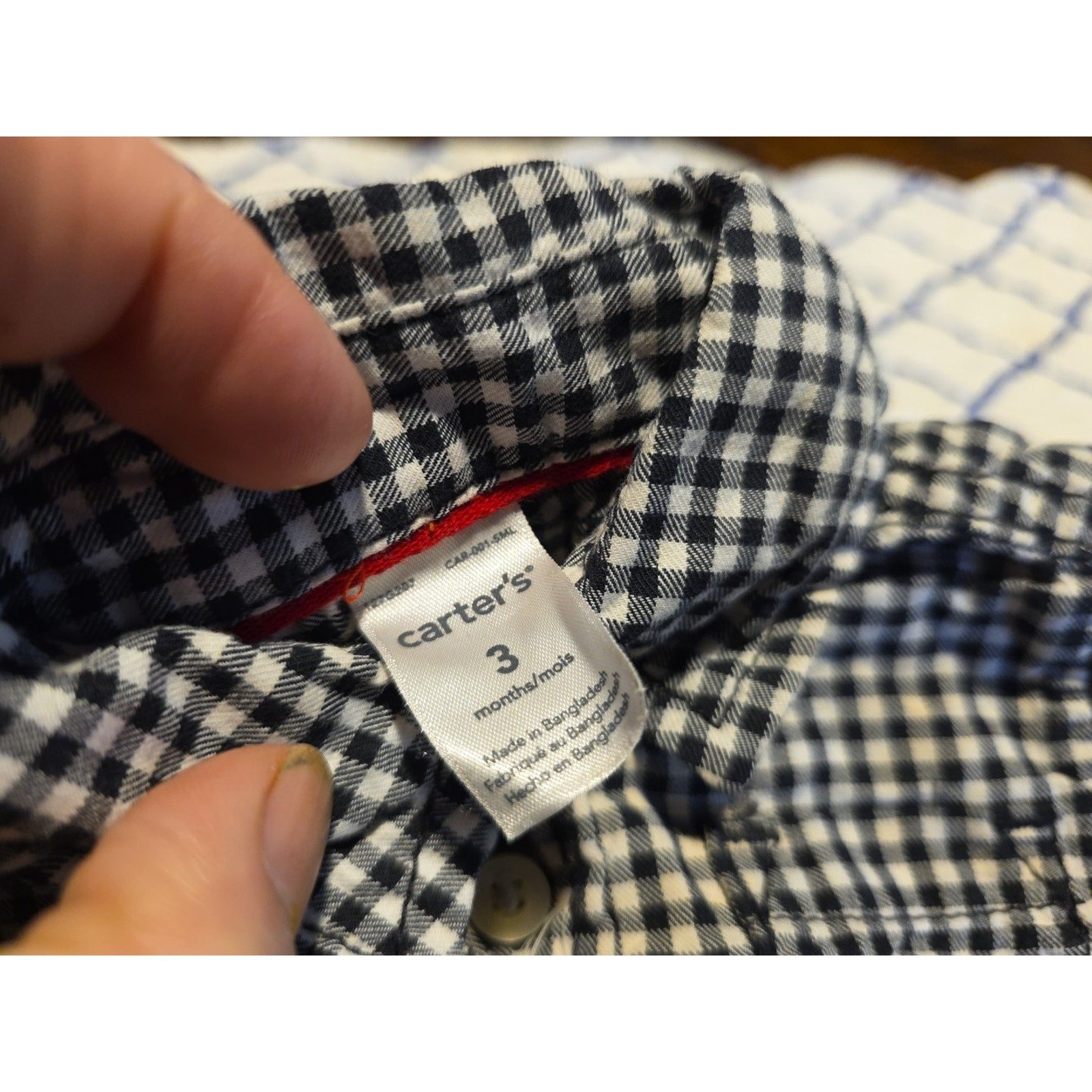 Carters Boys Size 3 Months Black & White CheckPlaid Button Up Long Sleeve Shirt