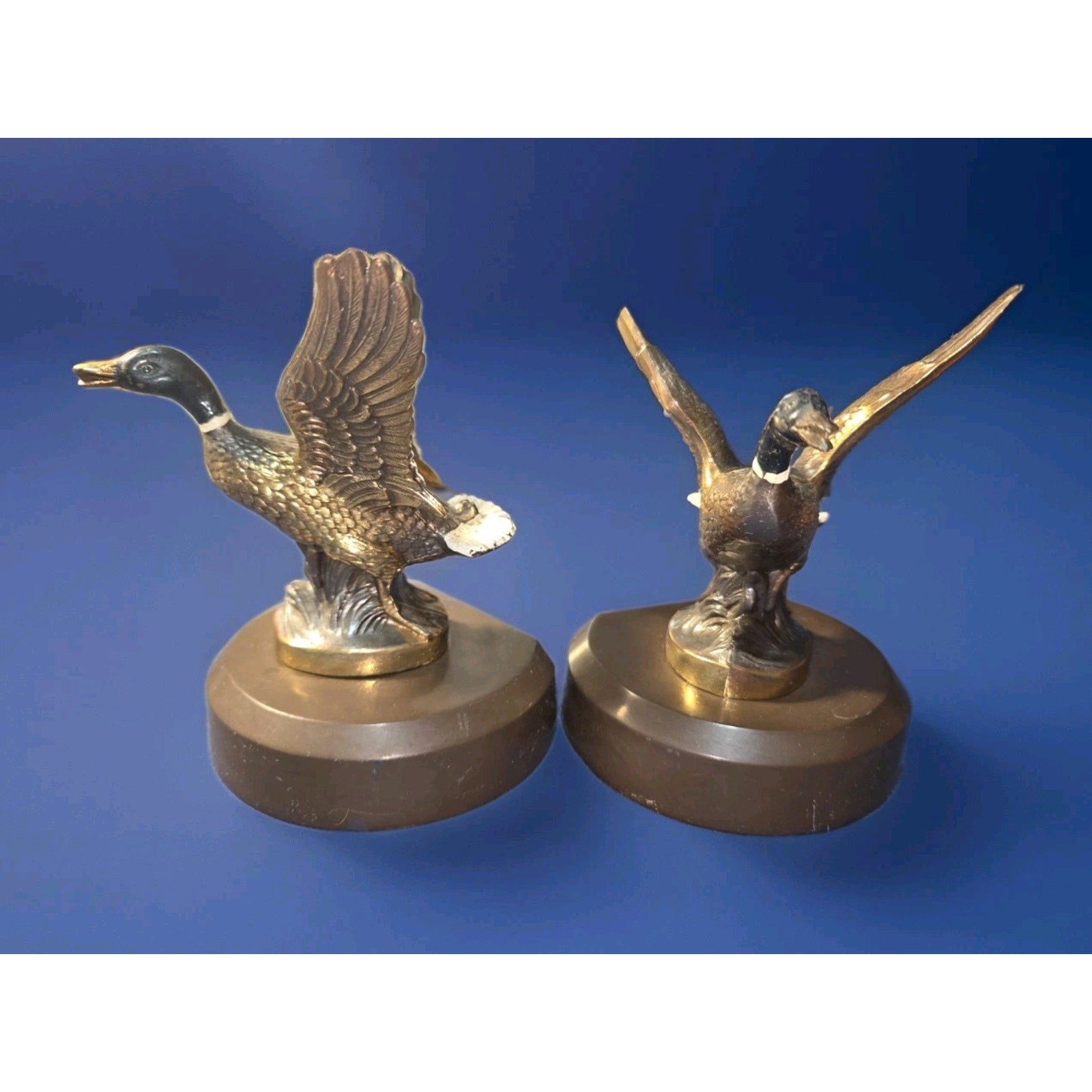 Vintage Solid Brass Mallard Duck Bookends Pair MCM Heavy Flying Waterfowl Decor