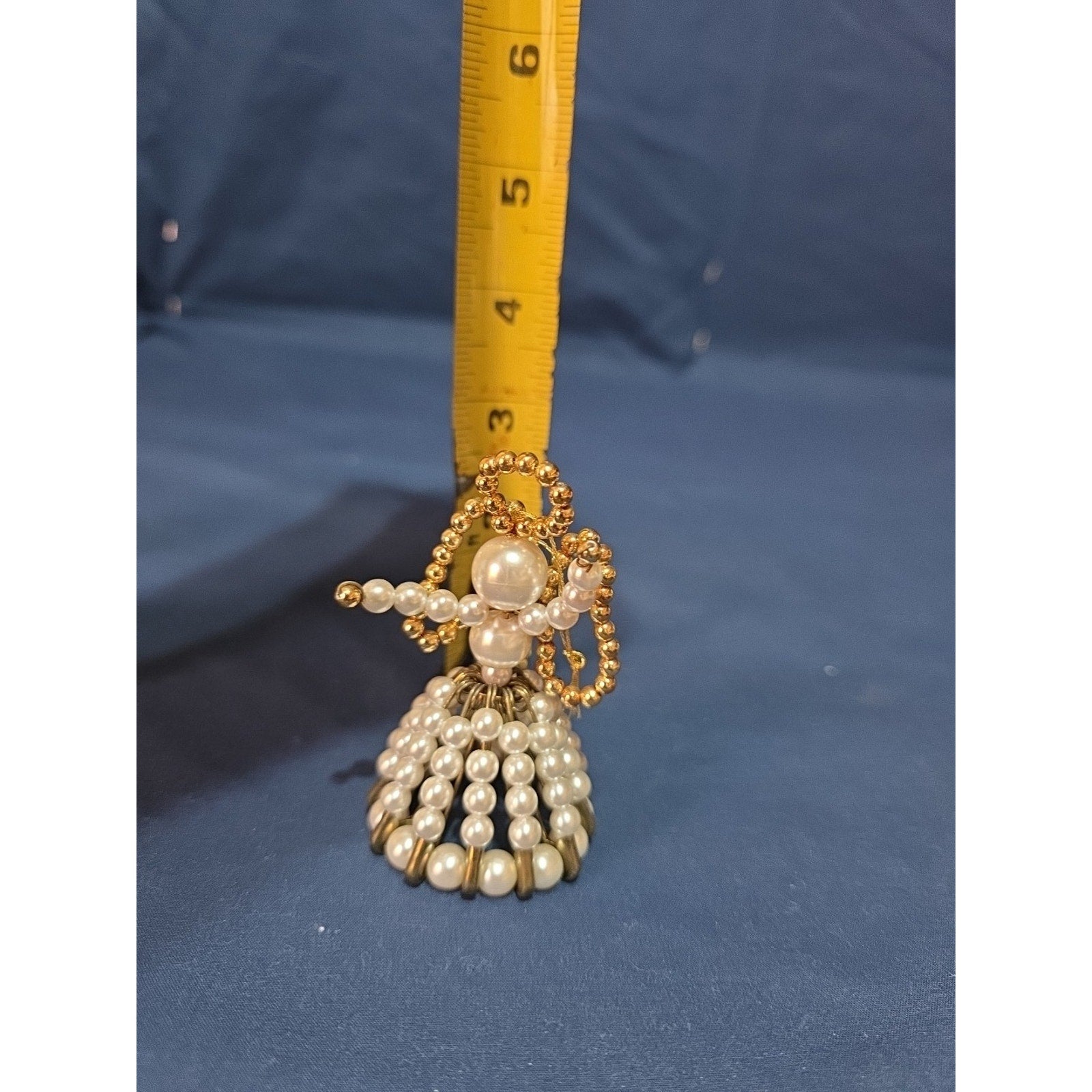 Vtg Set of 3 Beaded Safety Pin Art Angel Ornament Gold Handmade Christmas Decor