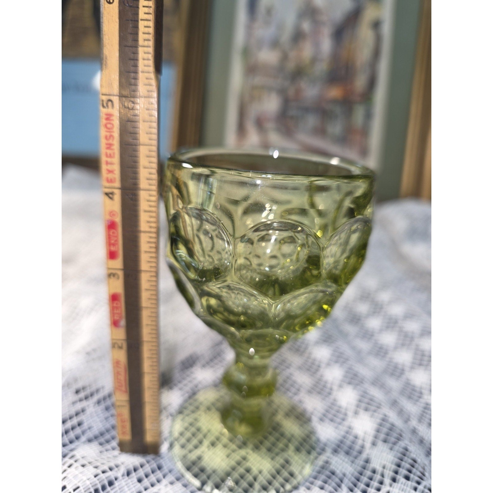 Vintage Avocado Green Glass Cordial Glass Thumbprint Kings Crown Pattern 4.5"