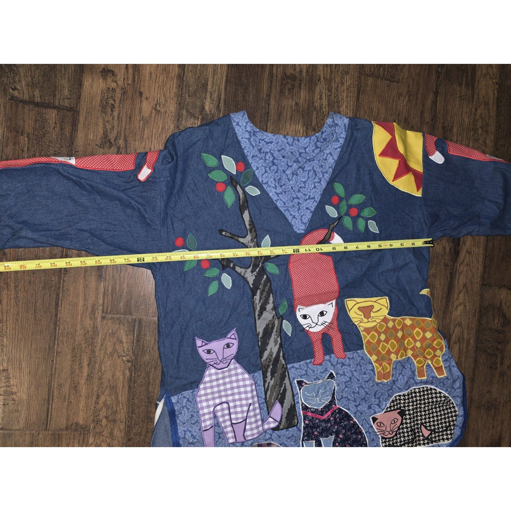 Vintage 70-80s Cat Patchwork Smock Top - XL - Boho Lagenlook Pullover