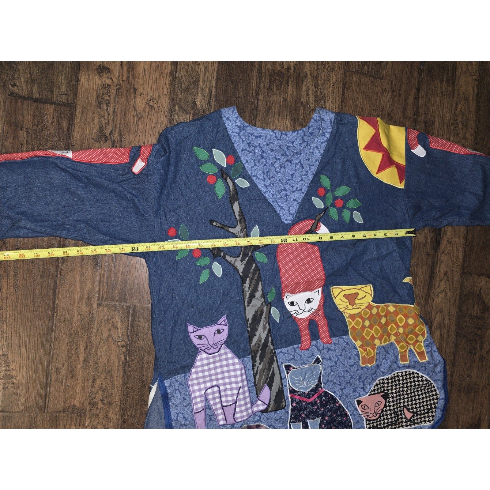 Vintage 70-80s Cat Patchwork Smock Top - XL - Boho Lagenlook Pullover