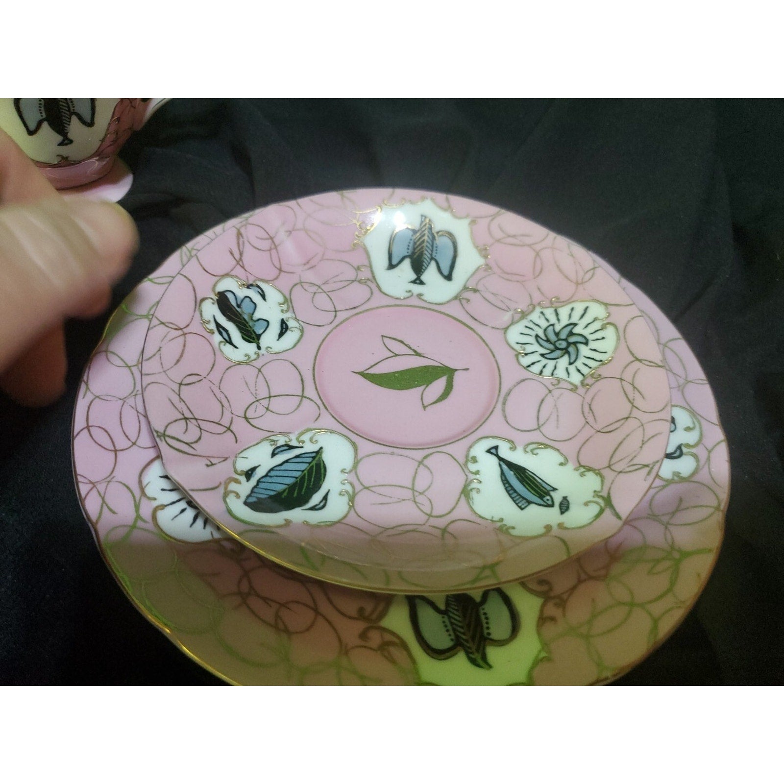 Vintage Rare Norcrest China Dove Fish Teacup W/ 2 Saucers Set Pink Leaf