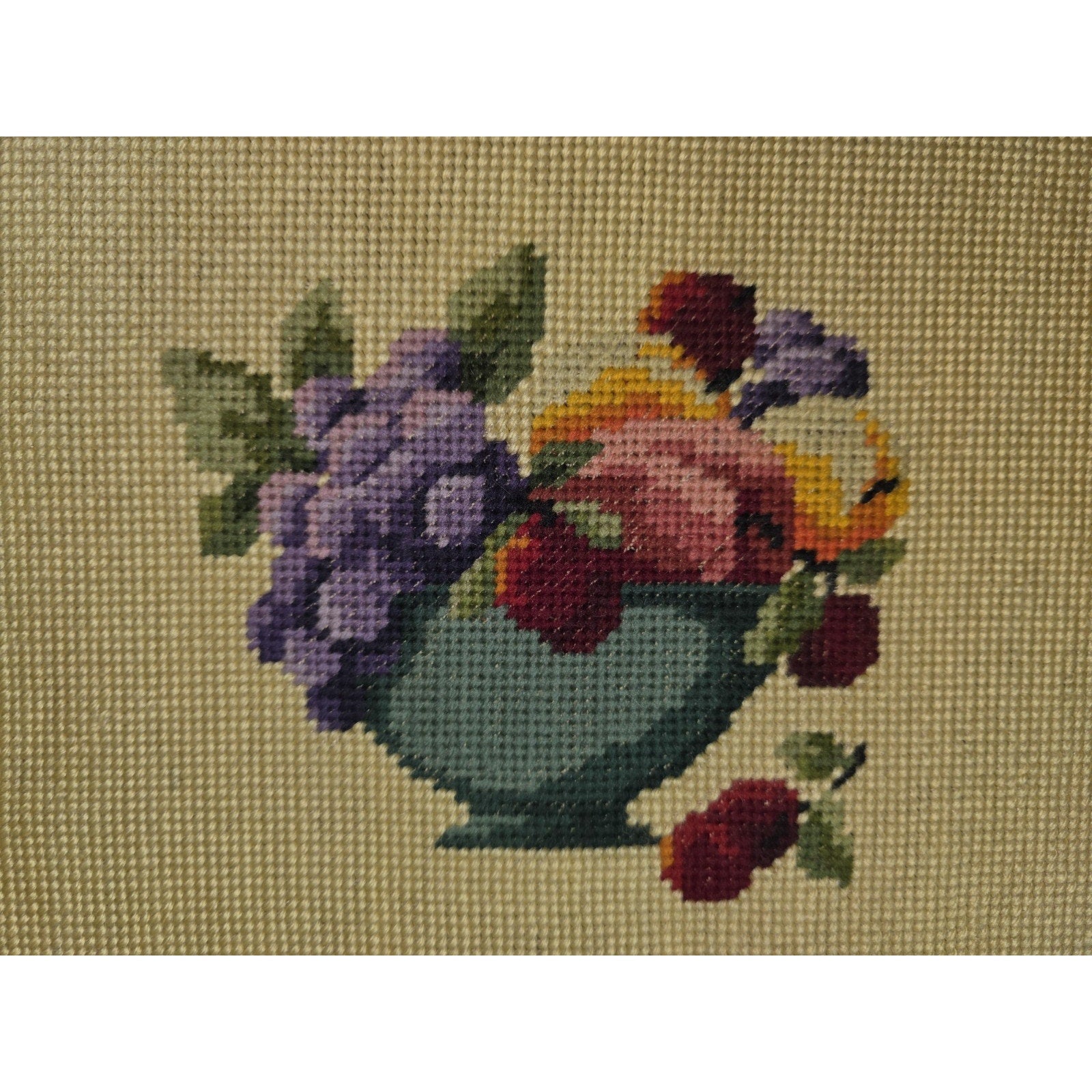 Vtg Needlepoint Fruit Bowl Floral Still Life Finished Hand Embroidered UNFRAMED