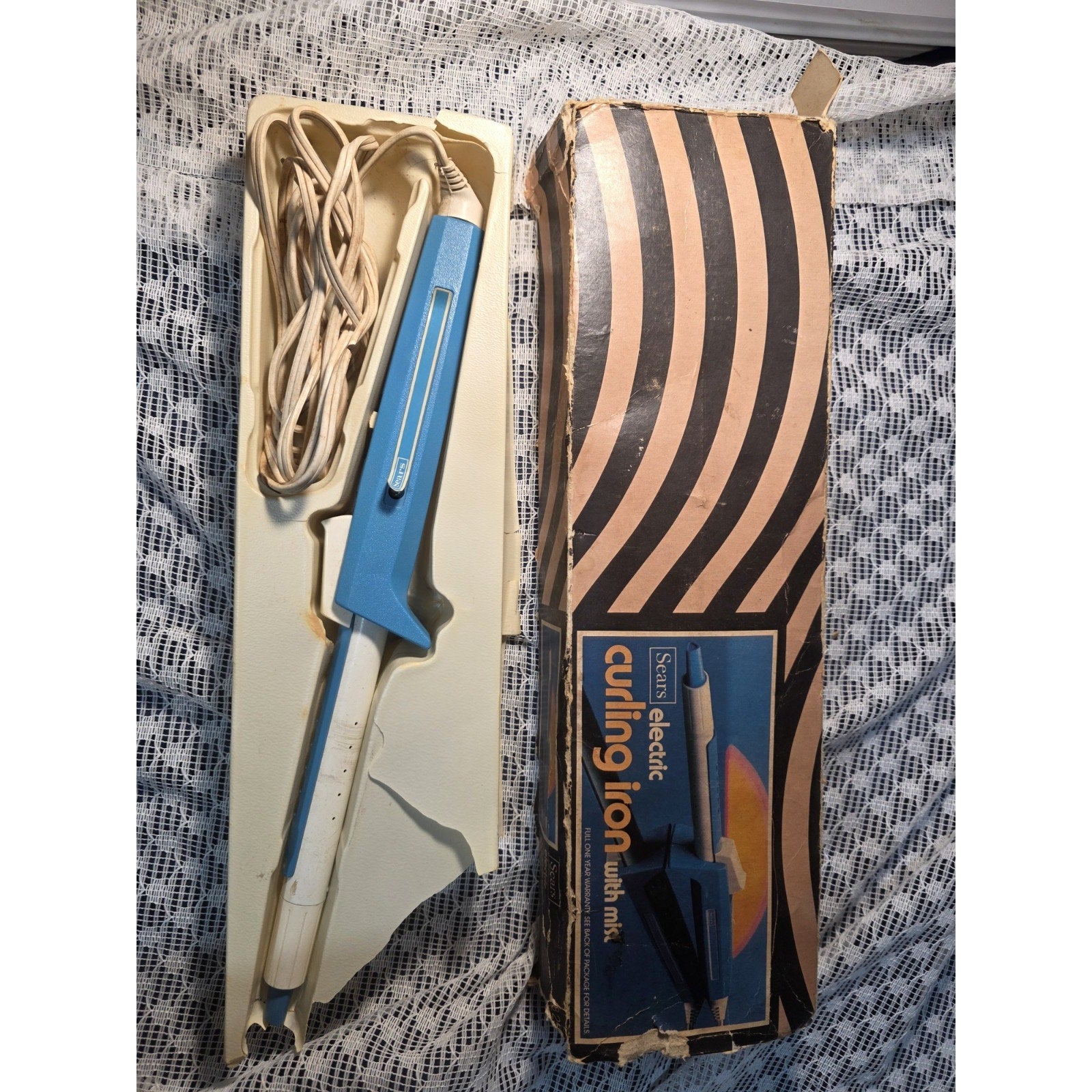 Vintage Sears Mist Curling Iron Style Mc-2 White And Blue Works Tested