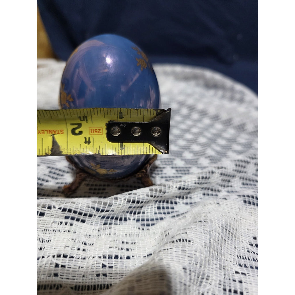 Vintage Cobalt Blue Egg Music Box Gold Tone Trim Hand Painted Footed