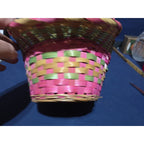 Vintage Large Easter Basket Handle Weaved Wicker Mexico Hand Woven Pink Green