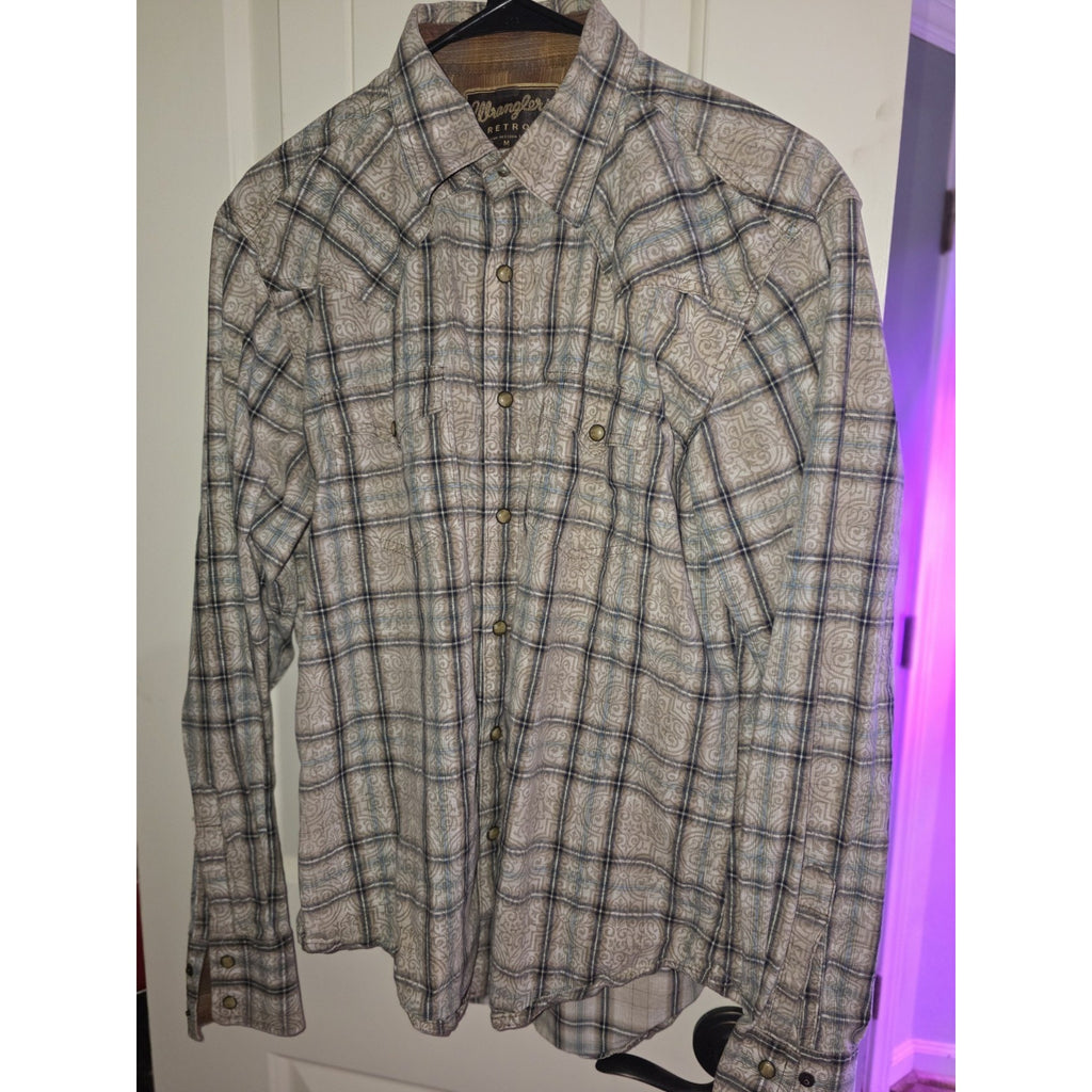 Wrangler Retro Mens Snap Button Up Western Shirt Size Medium Plaid Rodeo Cowboy