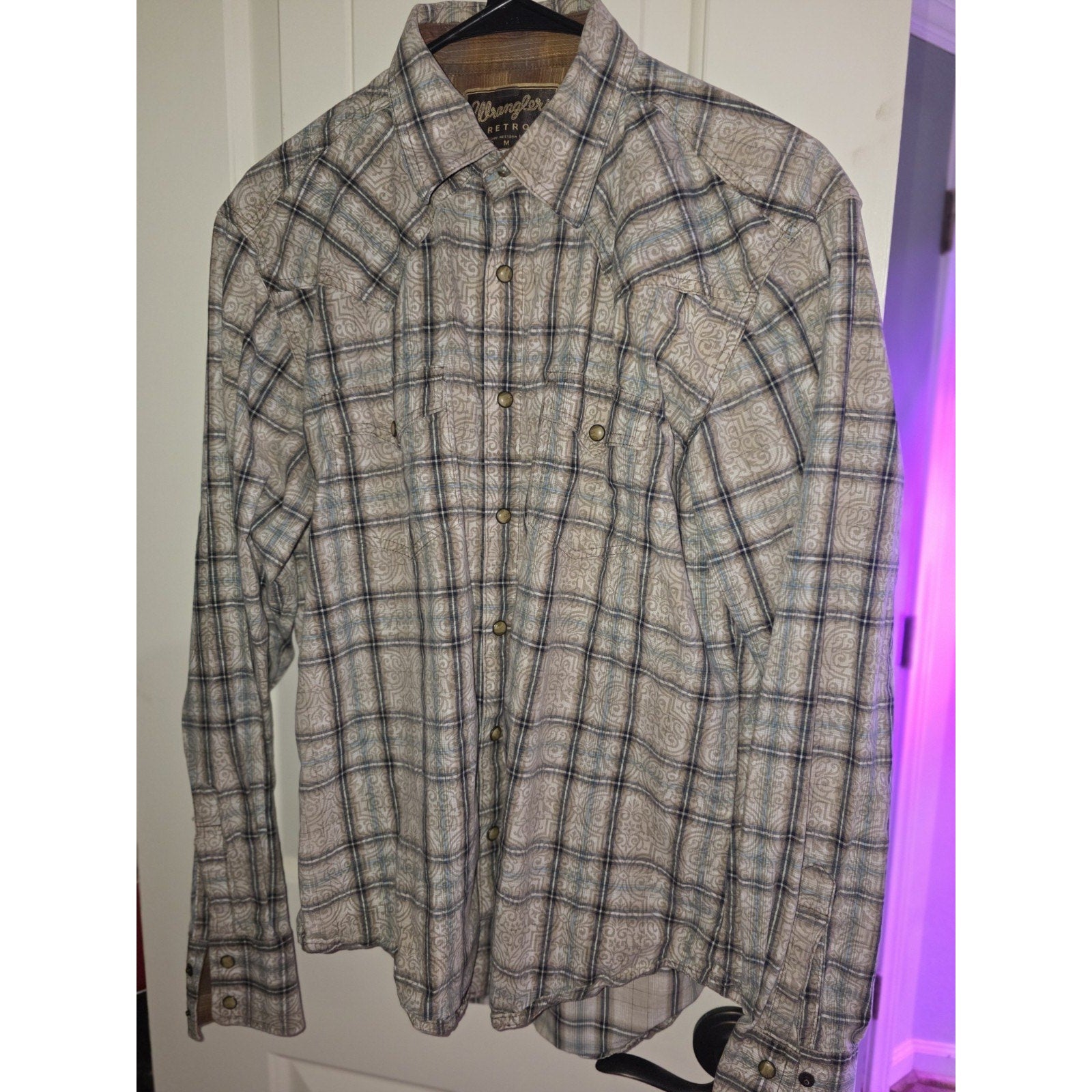 Wrangler Retro Mens Snap Button Up Western Shirt Size Medium Plaid Rodeo Cowboy
