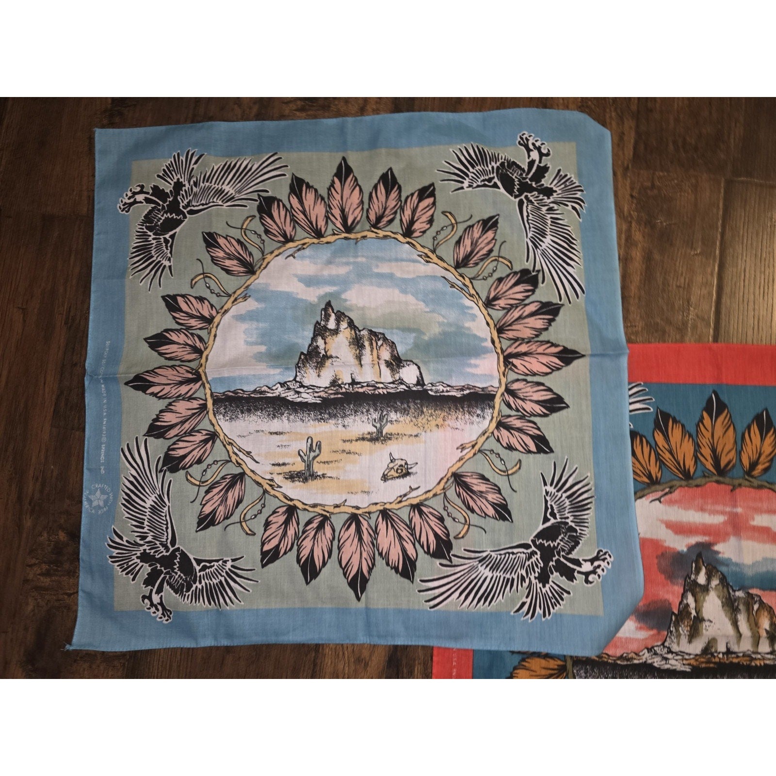 Vintage Lot of 2 1970s Springs Industries Native American Bandana 21"x21.5" USA